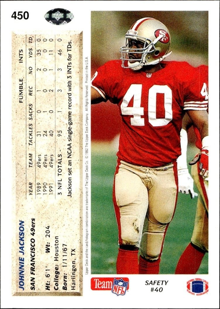 1992 Upper Deck Johnnie Jackson #450 football trading card back