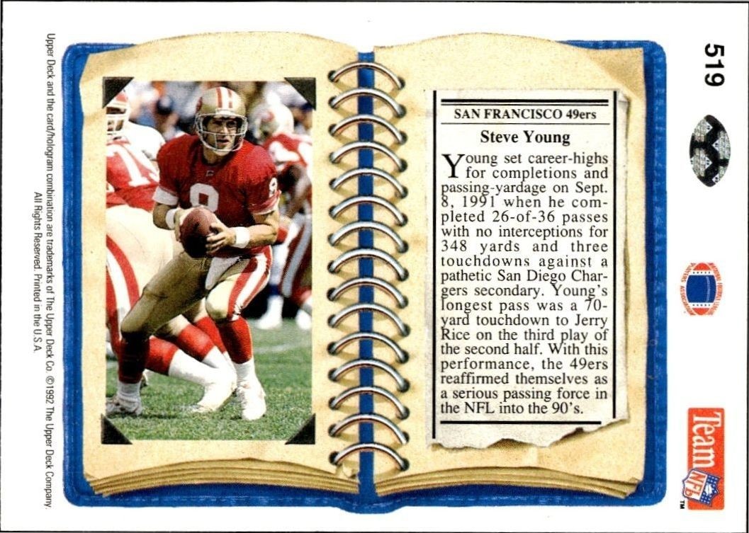 1992 Upper Deck Steve Young #519 football trading card back