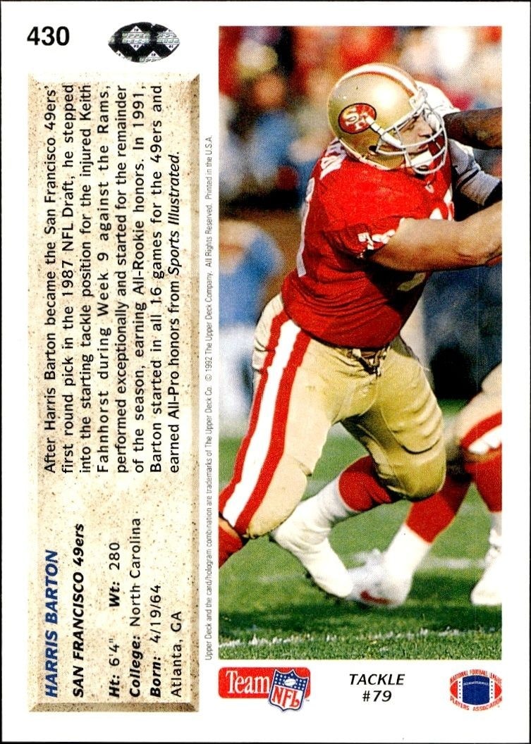 1992 Upper Deck Harris Barton #430 football trading card back