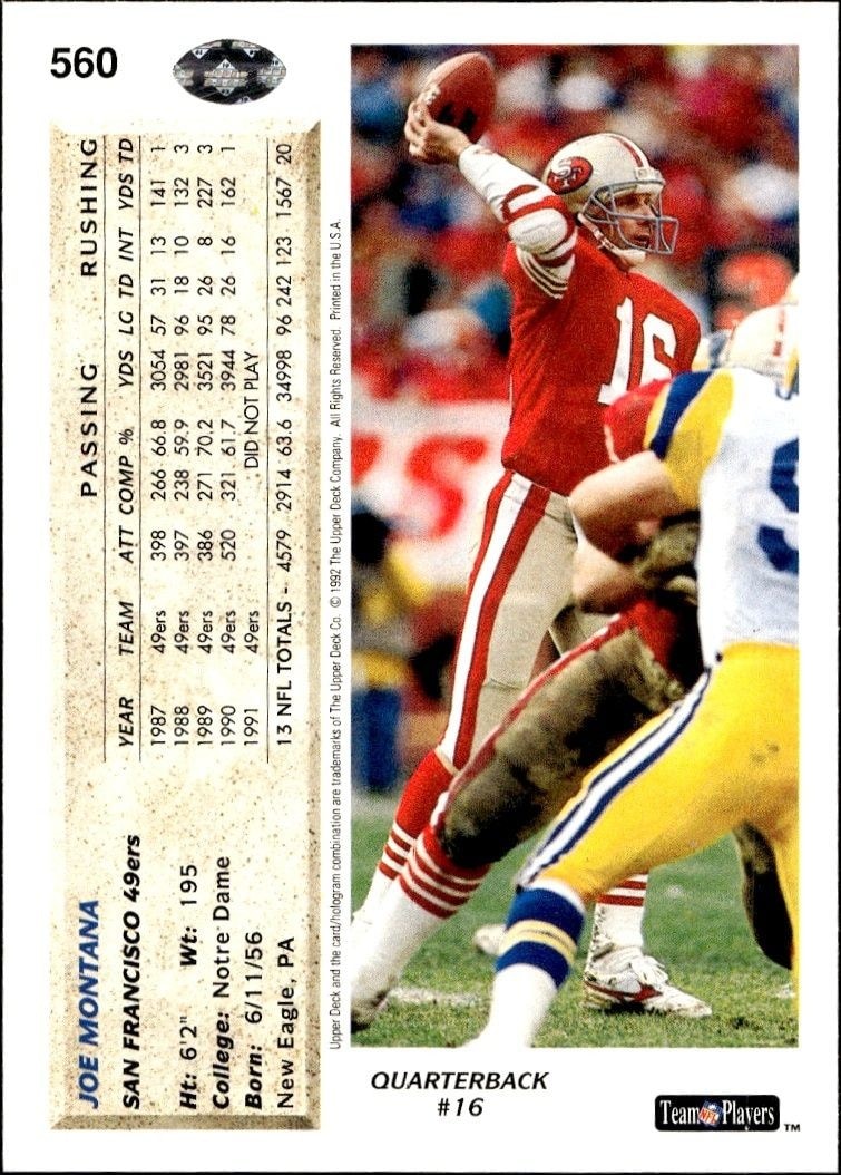 1992 Upper Deck Joe Montana #560 football trading card back