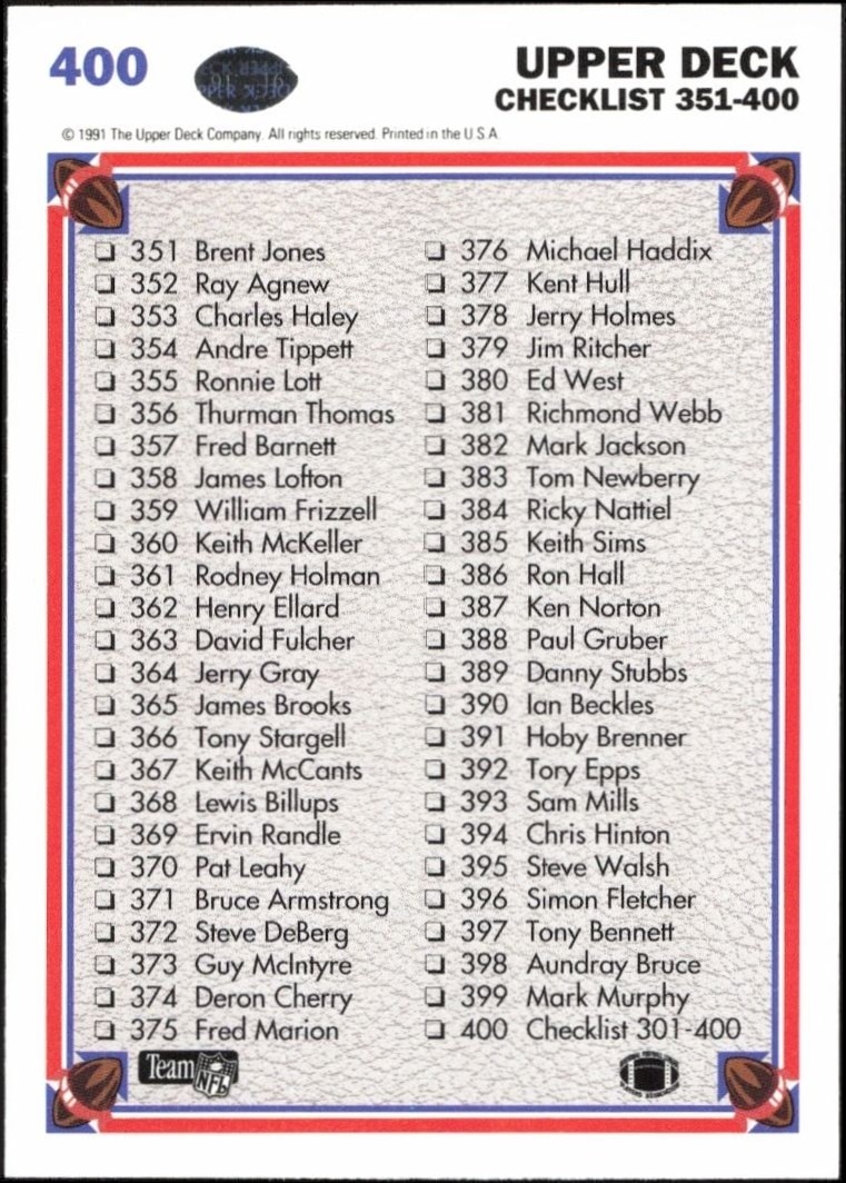 1991 Upper Deck Checklist #400 football trading card back