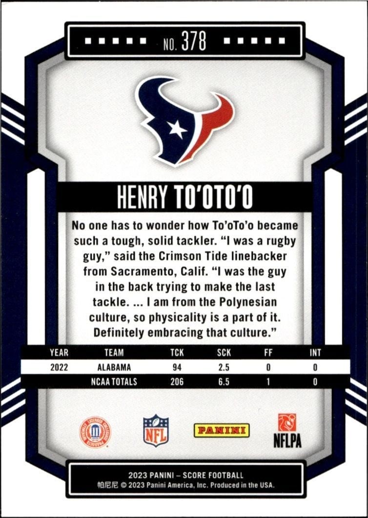 2023 Panini Score Henry To'Oto'O #378 football trading card back