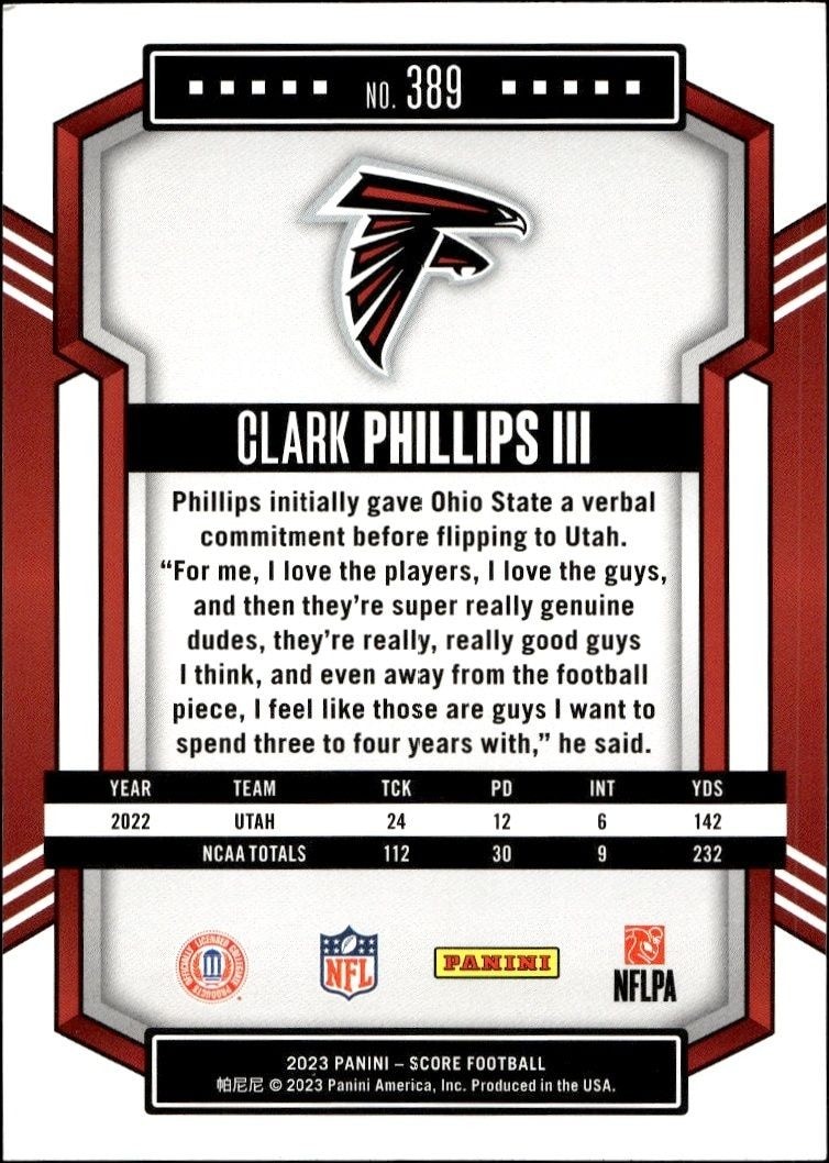 2023 Panini Score Clark Phillips III #389 football trading card back