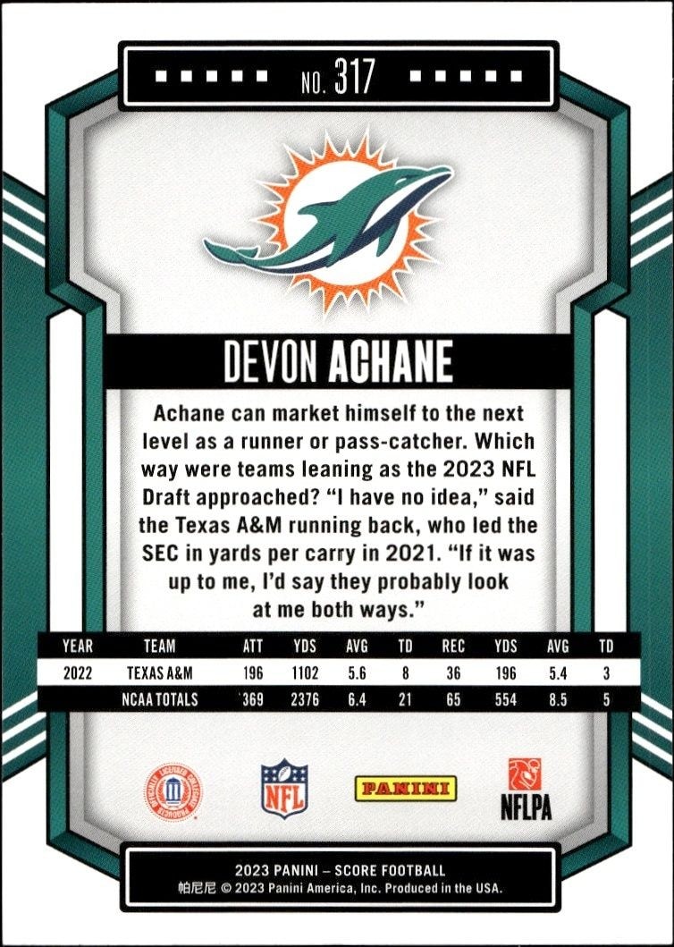 2023 Panini Score De'Von Achane #317 football trading card back