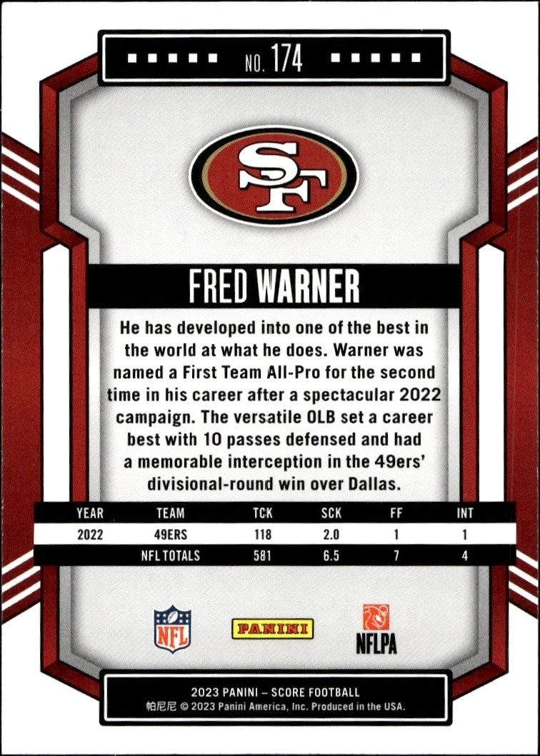 2023 Panini Score Fred Warner #174 football trading card back
