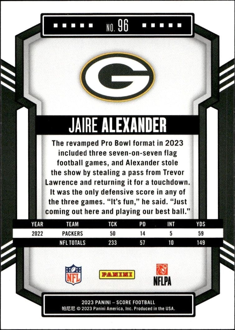 2023 Panini Score Jaire Alexander #96 football trading card back
