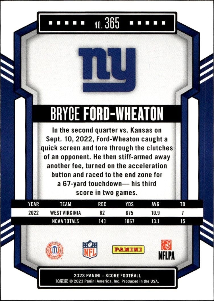 2023 Panini Score Bryce Ford-Wheaton #365 football trading card back