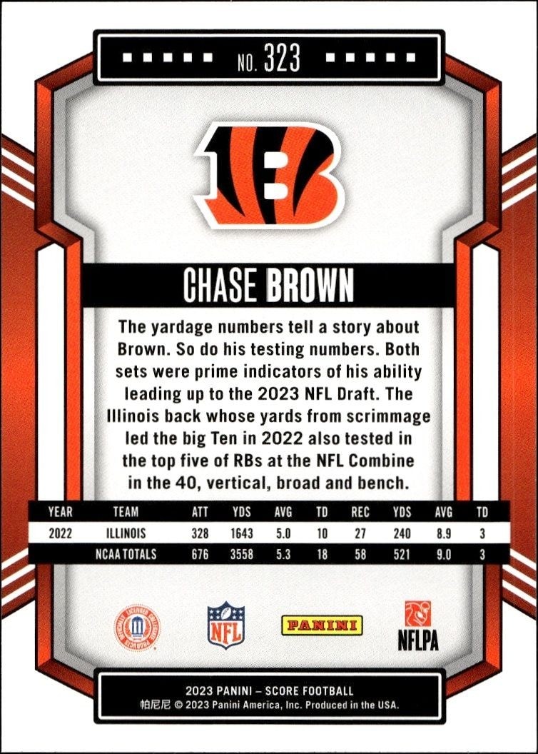 2023 Panini Score Chase Brown #323 football trading card back