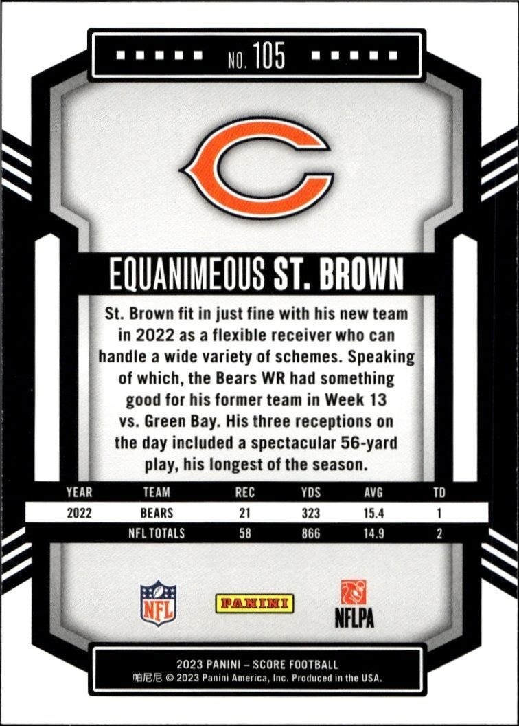 2023 Panini Score Equanimeous St. Brown #105 football trading card back