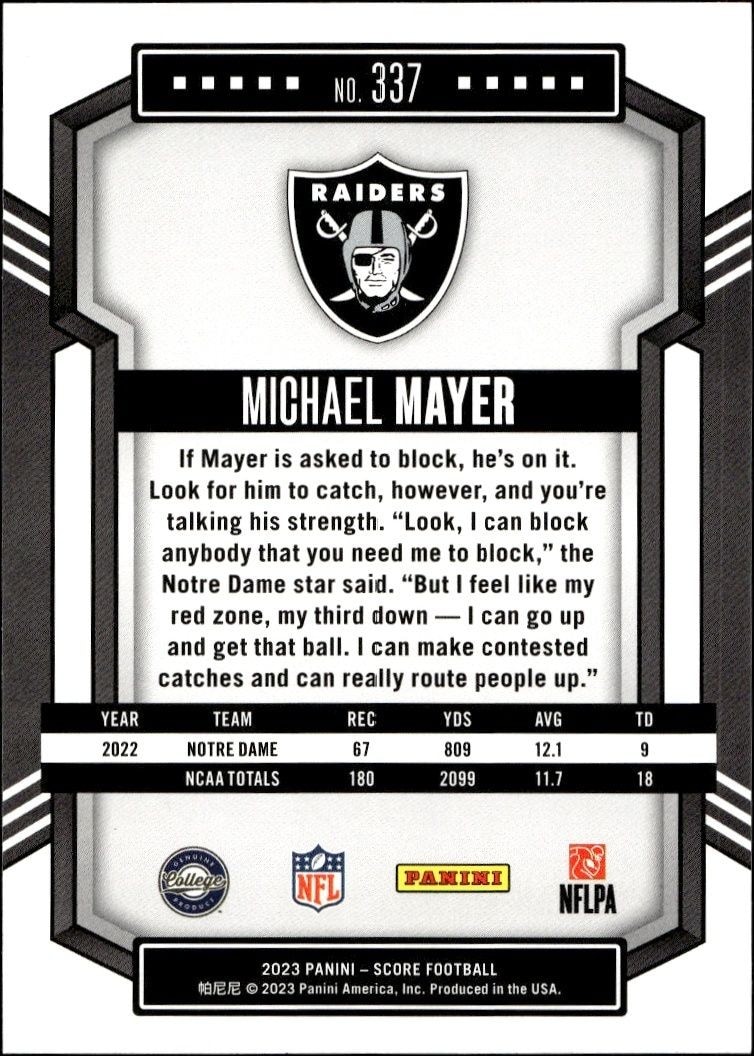 2023 Panini Score Michael Mayer #337 football trading card back