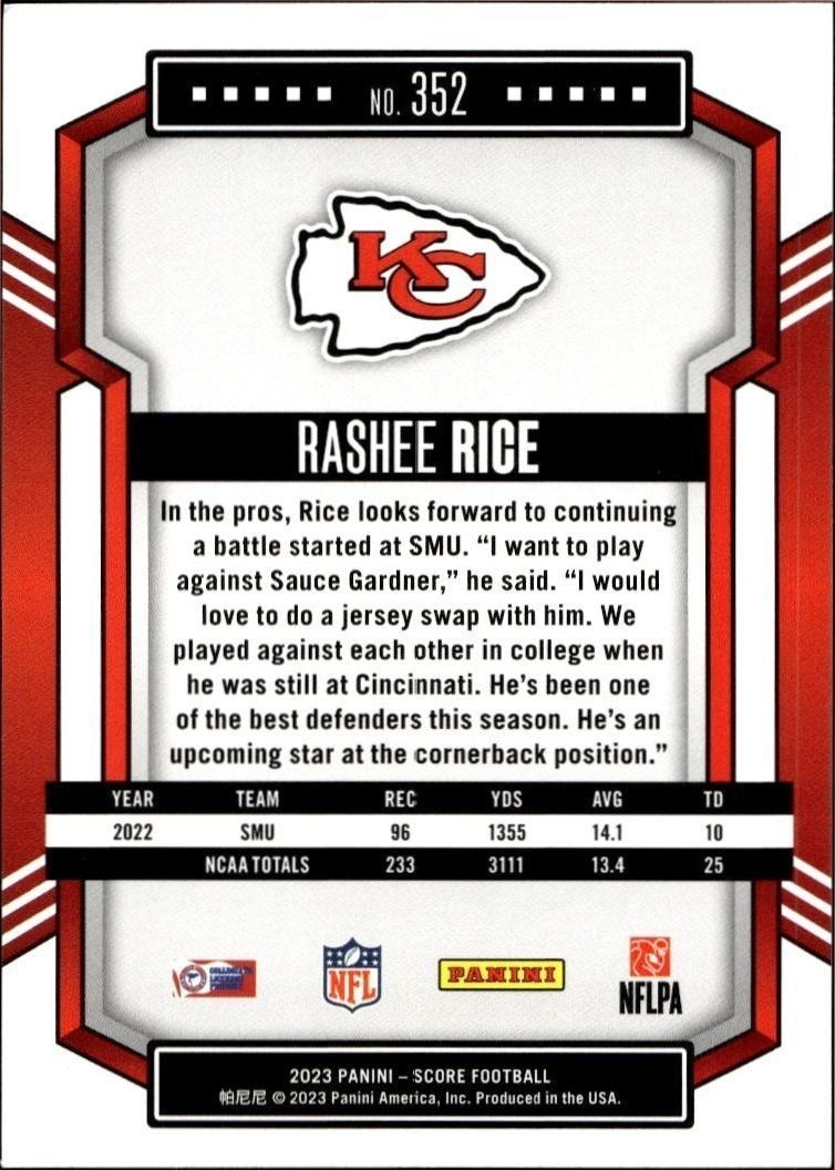 2023 Panini Score Rashee Rice #352 football trading card back