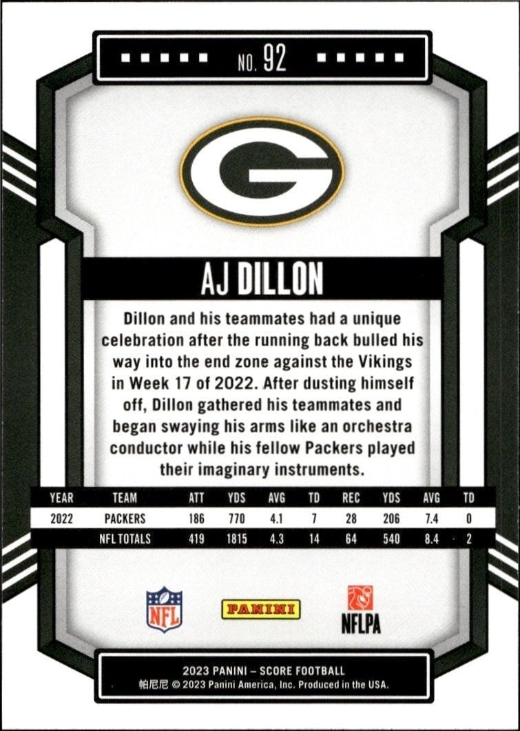 2023 Panini Score AJ Dillon #92 football trading card back