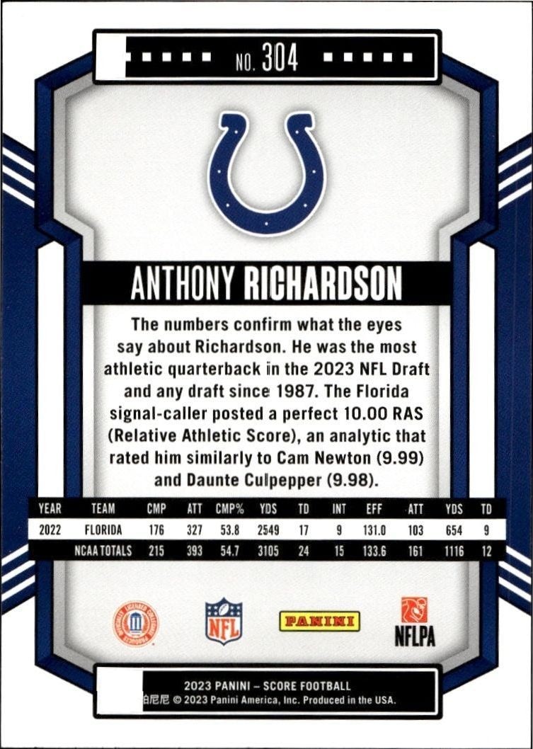 2023 Panini Score Anthony Richardson #304 football trading card back