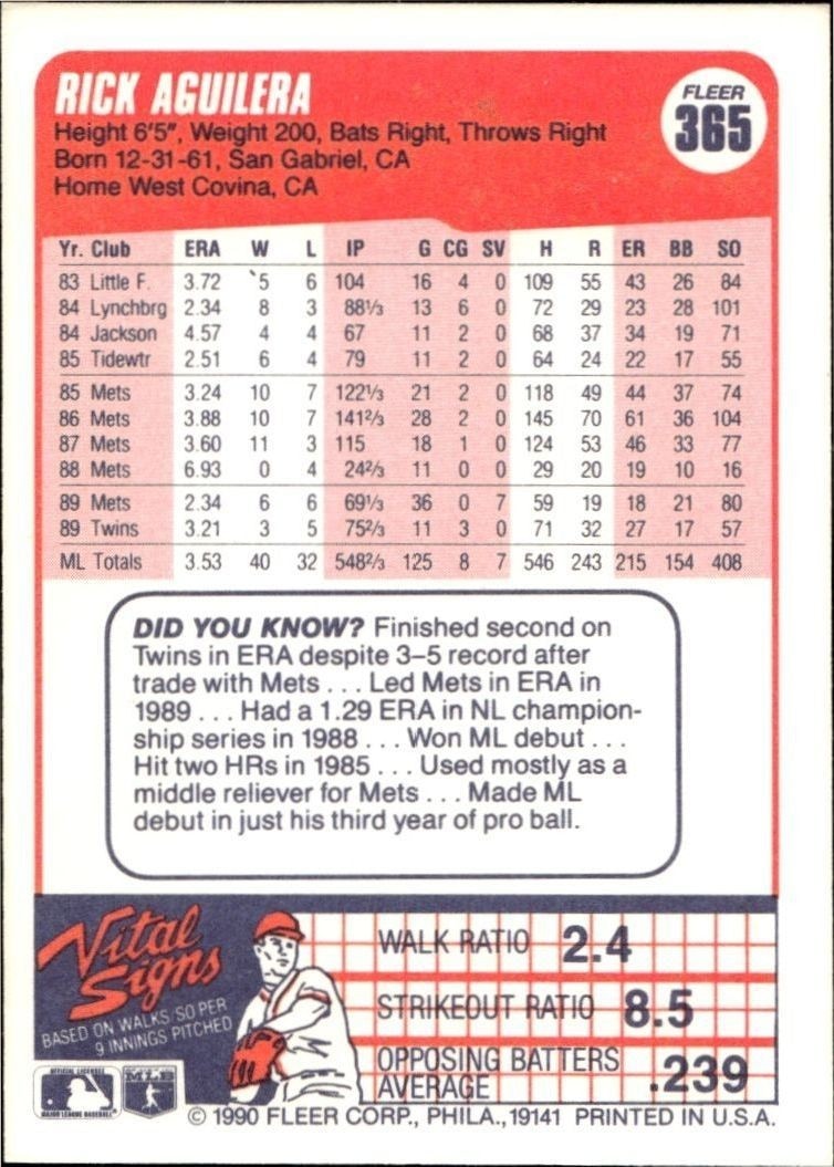 1990 Fleer Rick Aguilera #365B baseball trading card back