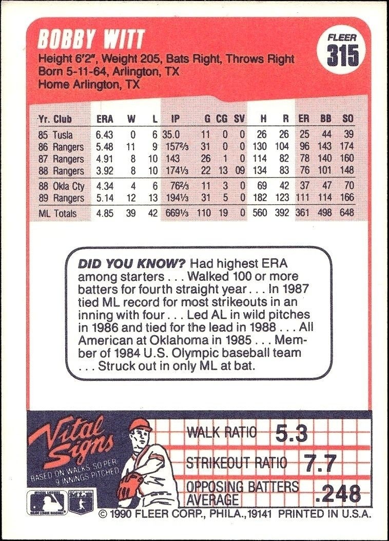 1990 Fleer Bobby Witt #315B baseball trading card back