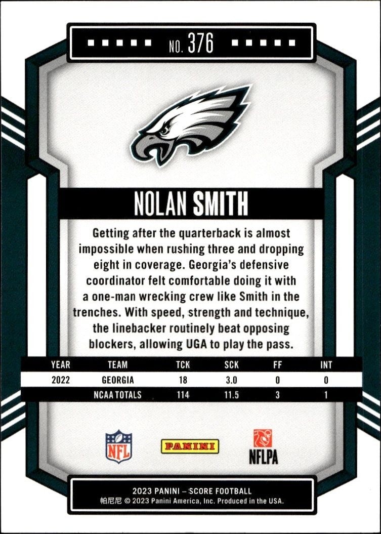 2023 Panini Score Nolan Smith #376 football trading card back