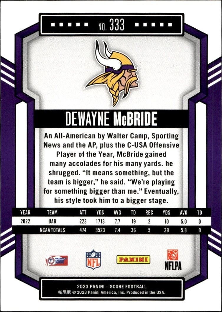 2023 Panini Score DeWayne McBride #333 football trading card back