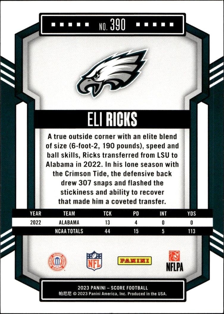 2023 Panini Score Eli Ricks #390 football trading card back