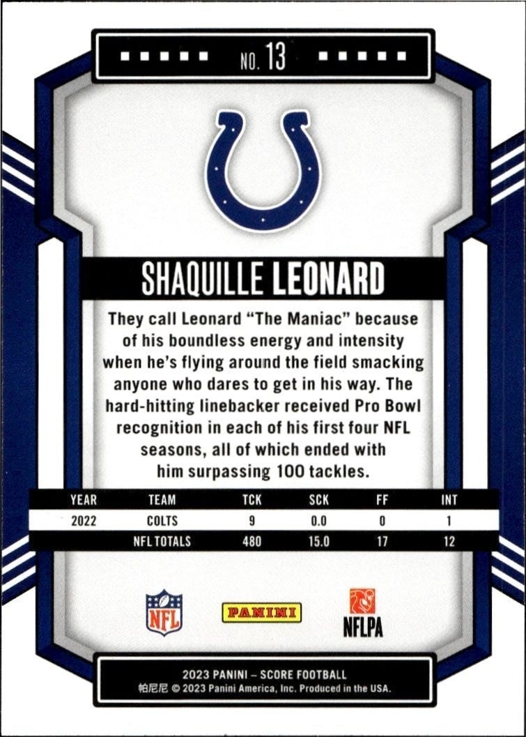 2023 Panini Score Shaquille Leonard #13 football trading card back