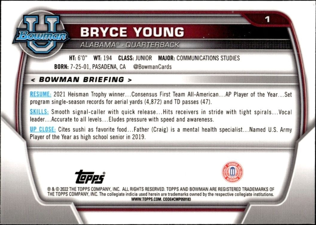 2022 Bowman University Chrome Bryce Young #1 football trading card back