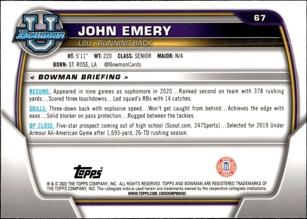 2022 Bowman University Chrome John Emery #67 football trading card back