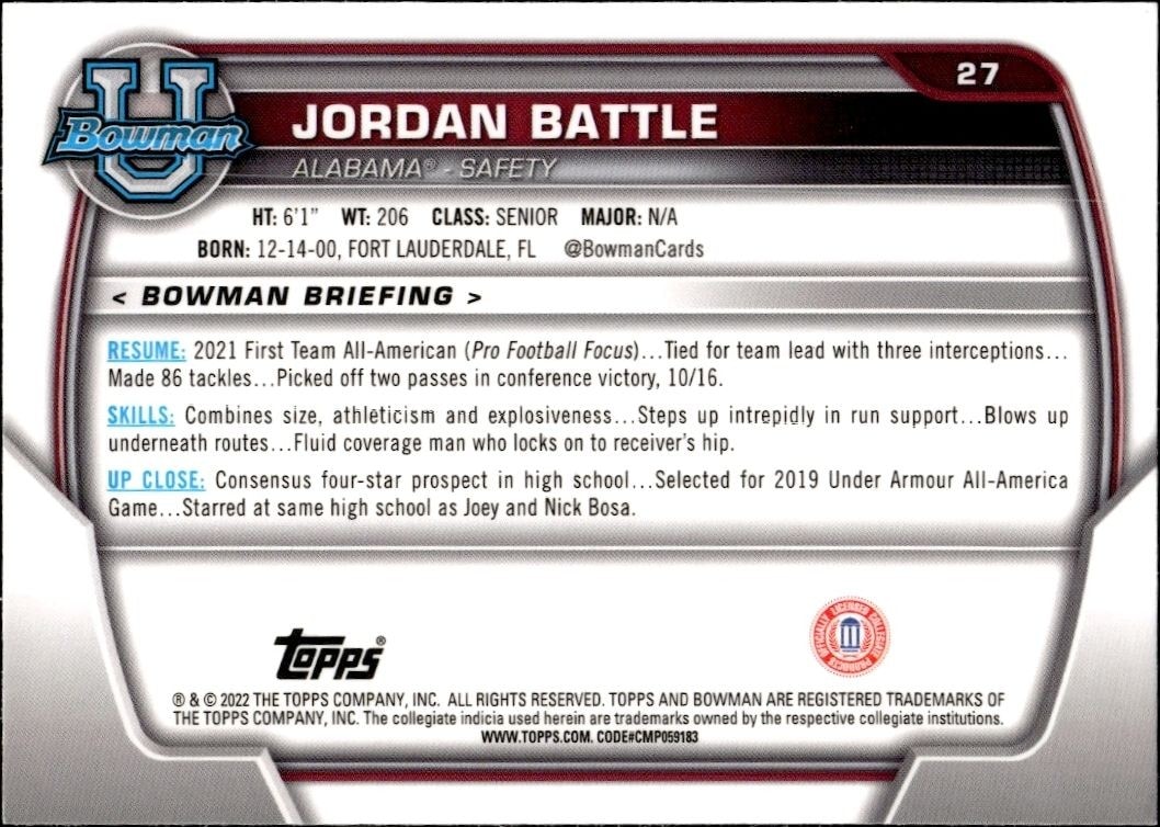 2022 Bowman University Chrome Jordan Battle #27 football trading card back