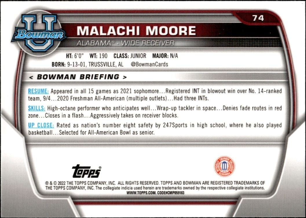 2022 Bowman University Chrome Malachi Moore #74 football trading card back