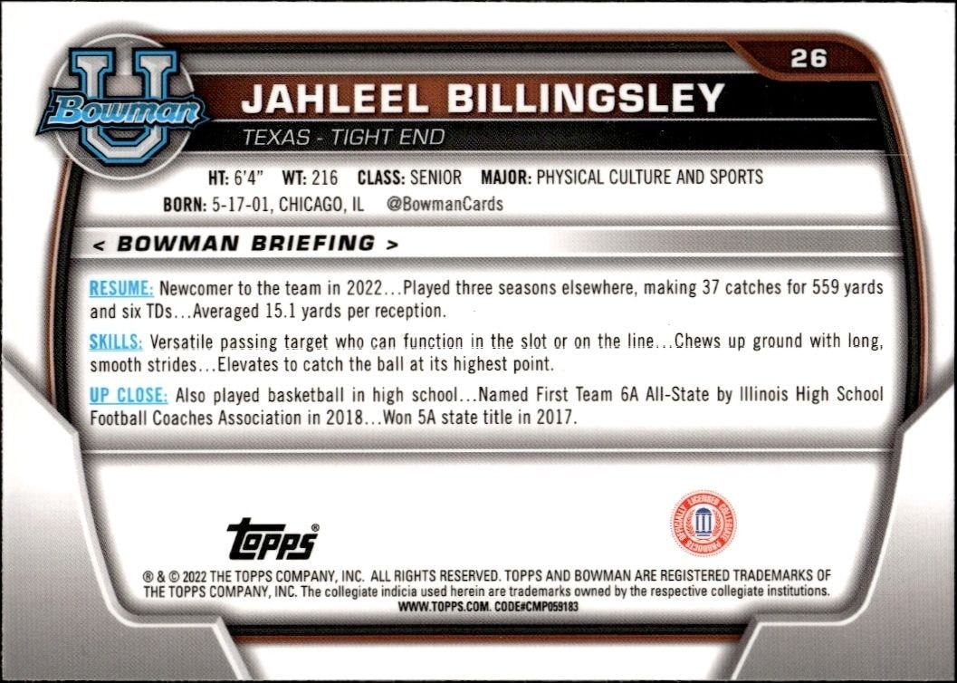 2022 Bowman University Chrome Jahleel Billingsley #26 football trading card back