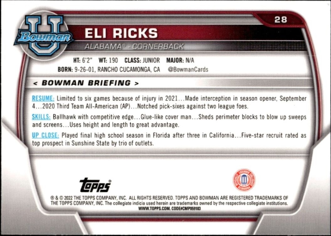 2022 Bowman University Chrome Eli Ricks #28 football trading card back
