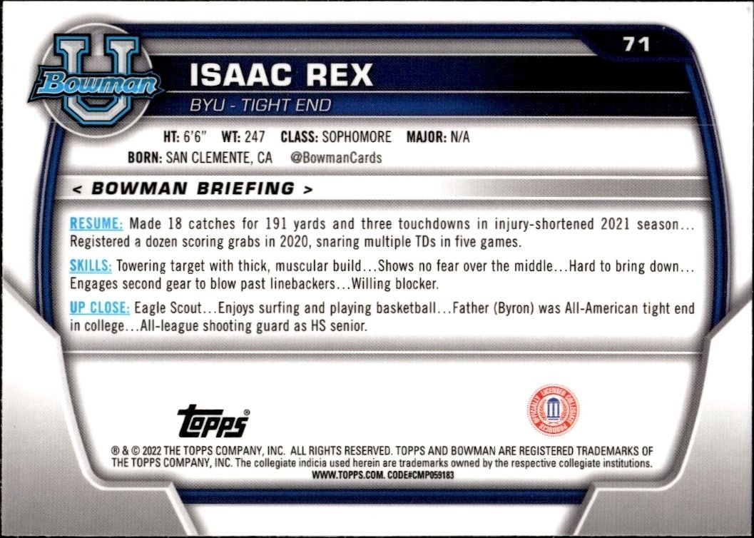 2022 Bowman University Chrome Isaac Rex #71 football trading card back