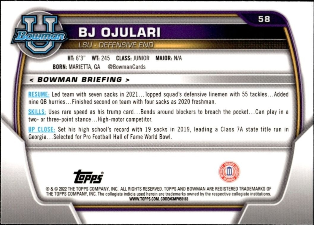 2022 Bowman University Chrome Bj Ojulari #58 football trading card back