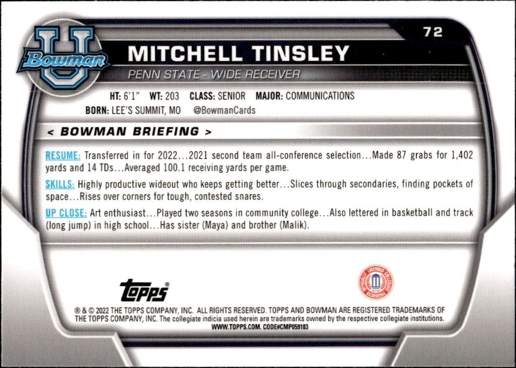 2022 Bowman University Chrome Mitchell Tinsley #72 football trading card back