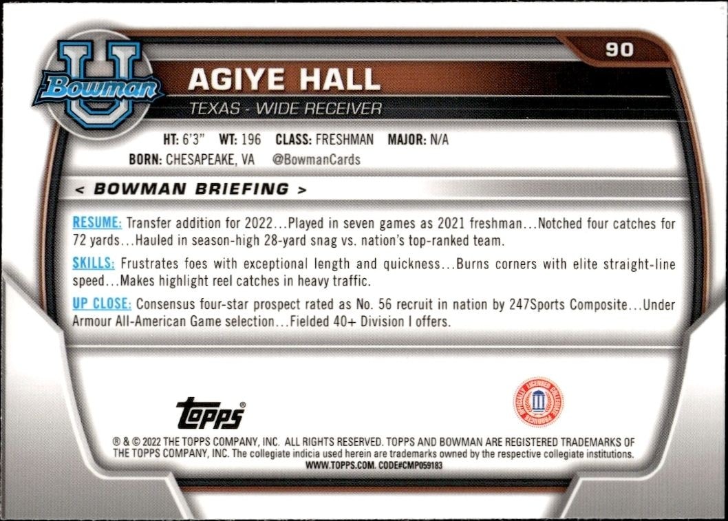 2022 Bowman University Chrome Agiye Hall #90 football trading card back