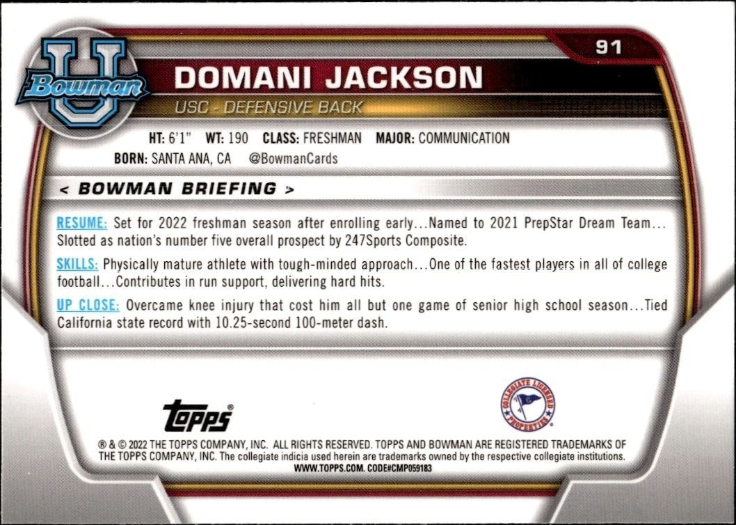 2022 Bowman University Chrome Domani Jackson #91 football trading card back