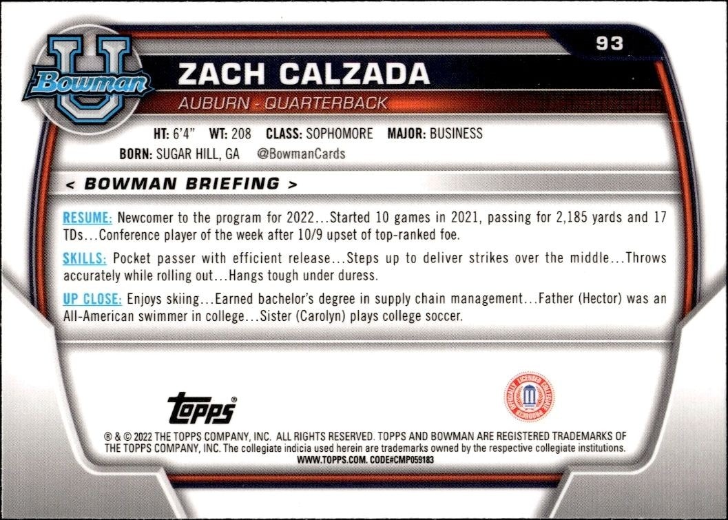 2022 Bowman University Chrome Zach Calzada #93 football trading card back
