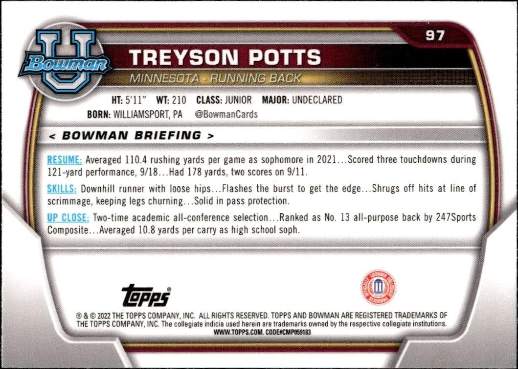 2022 Bowman University Chrome Treyson Potts #97 football trading card back