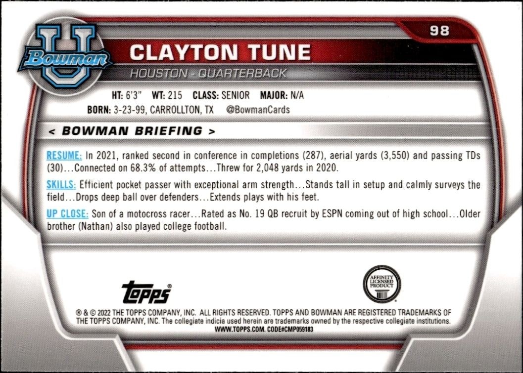 2022 Bowman University Chrome Clayton Tune #98 football trading card back