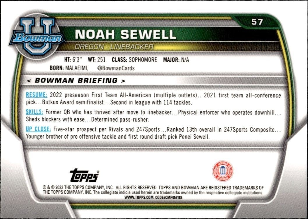 2022 Bowman University Chrome Noah Sewell #57 football trading card back