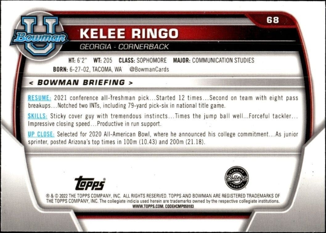 2022 Bowman University Chrome Kelee Ringo #68 football trading card back