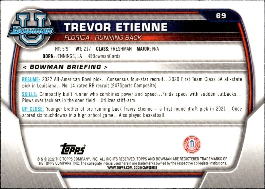 2022 Bowman University Chrome Trevor Etienne #69 football trading card back