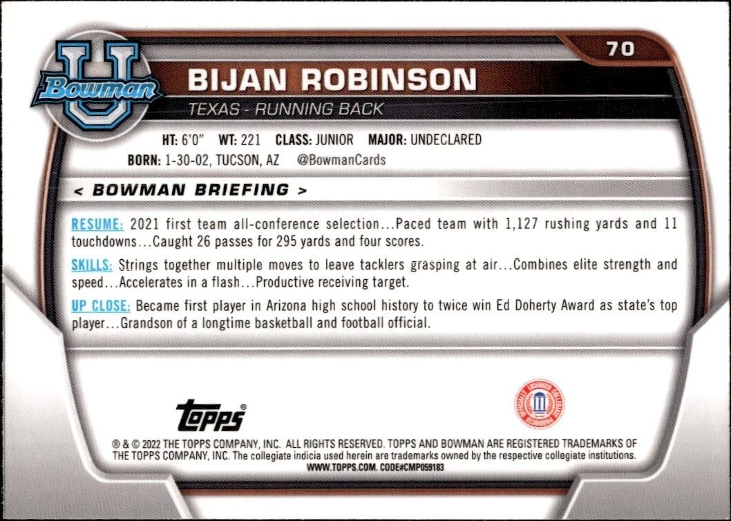 2022 Bowman University Chrome Bijan Robinson #70 football trading card back