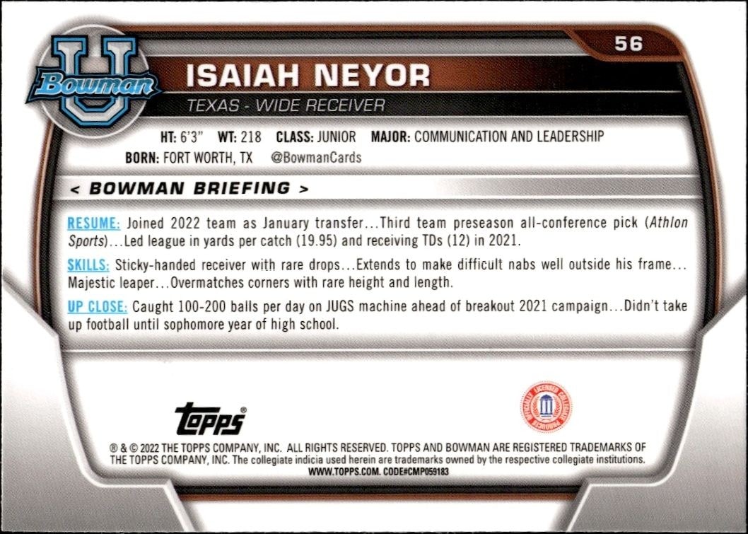 2022 Bowman University Chrome Isaiah Neyor #56 football trading card back