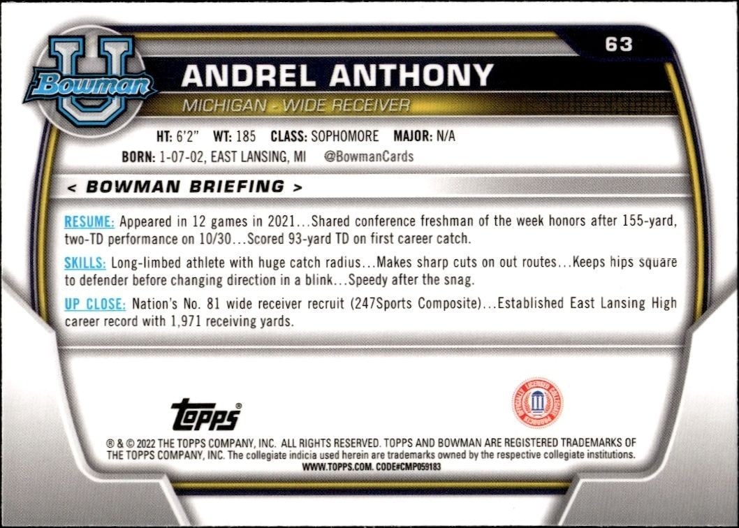 2022 Bowman University Chrome Andrel Anthony #63 football trading card back