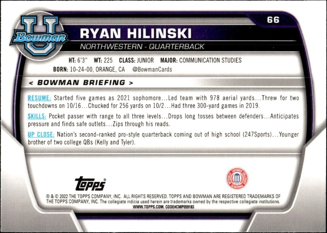 2022 Bowman University Chrome Ryan Hilinski #66 football trading card back