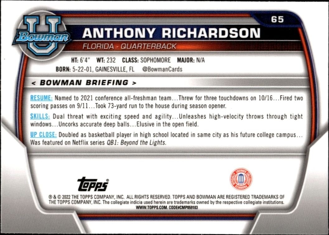 2022 Bowman University Chrome Anthony Richardson #65 football trading card back