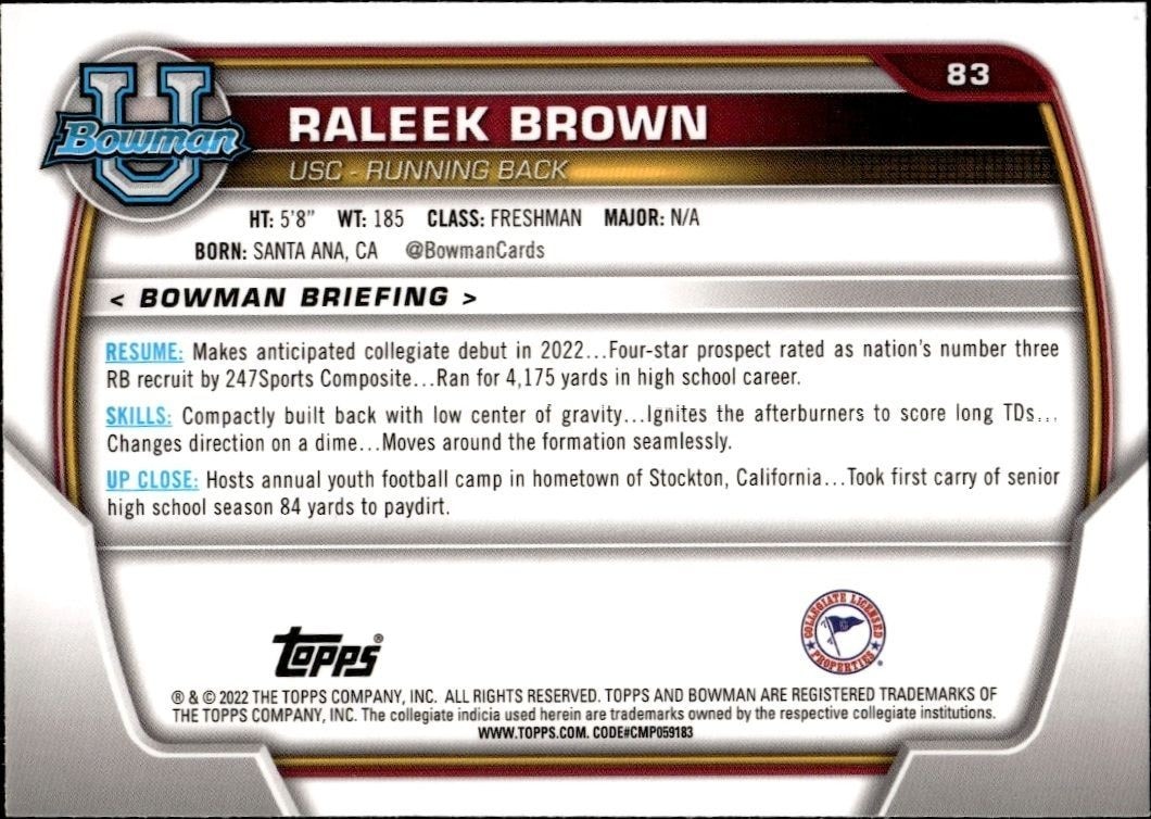 2022 Bowman University Chrome Raleek Brown #83 football trading card back