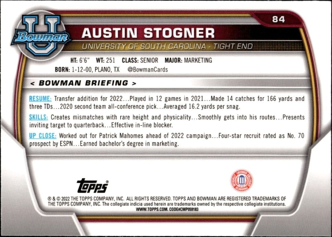 2022 Bowman University Chrome Austin Stogner #84 football trading card back