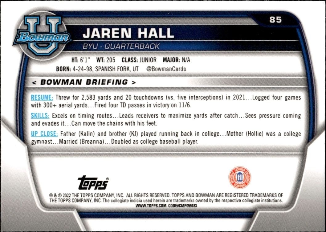 2022 Bowman University Chrome Jaren Hall #85 football trading card back