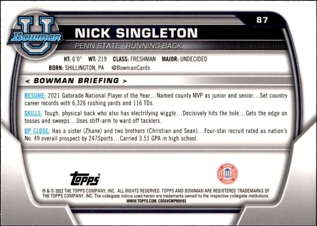 2022 Bowman University Chrome Nick Singleton #87 football trading card back