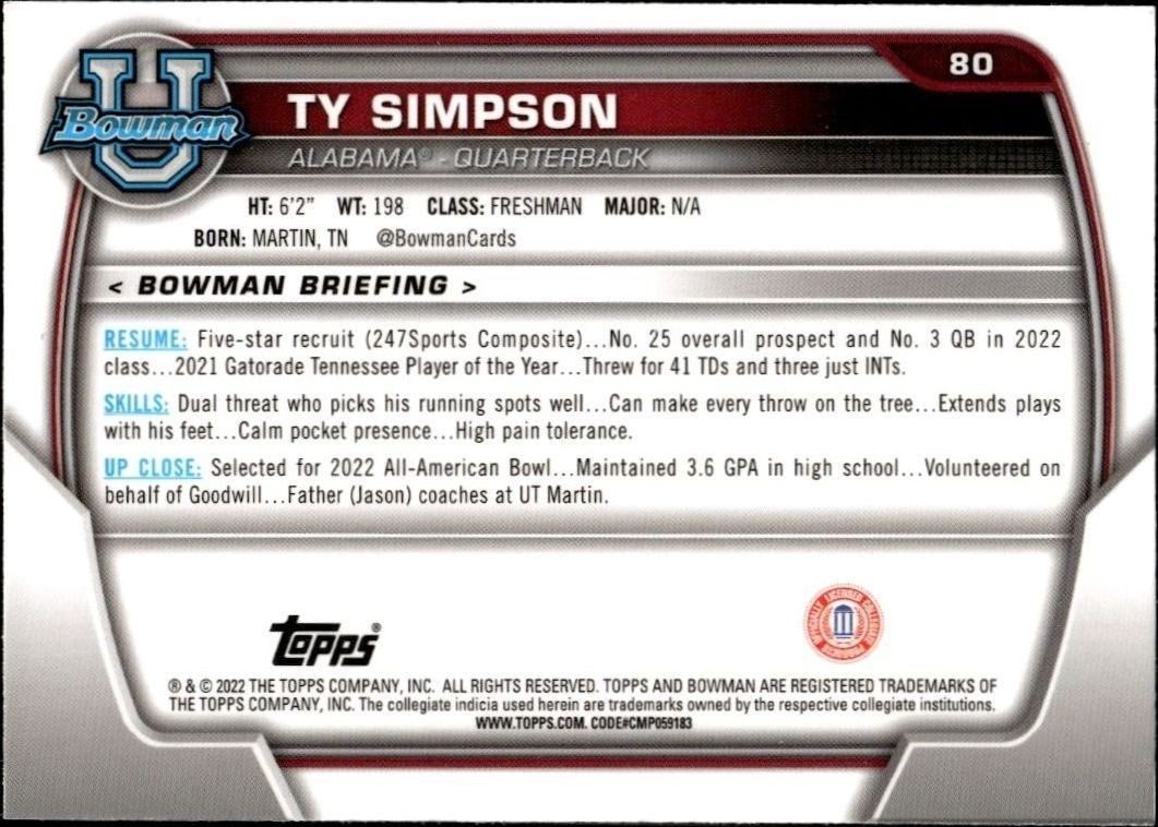 2022 Bowman University Chrome Ty Simpson #80 football trading card back